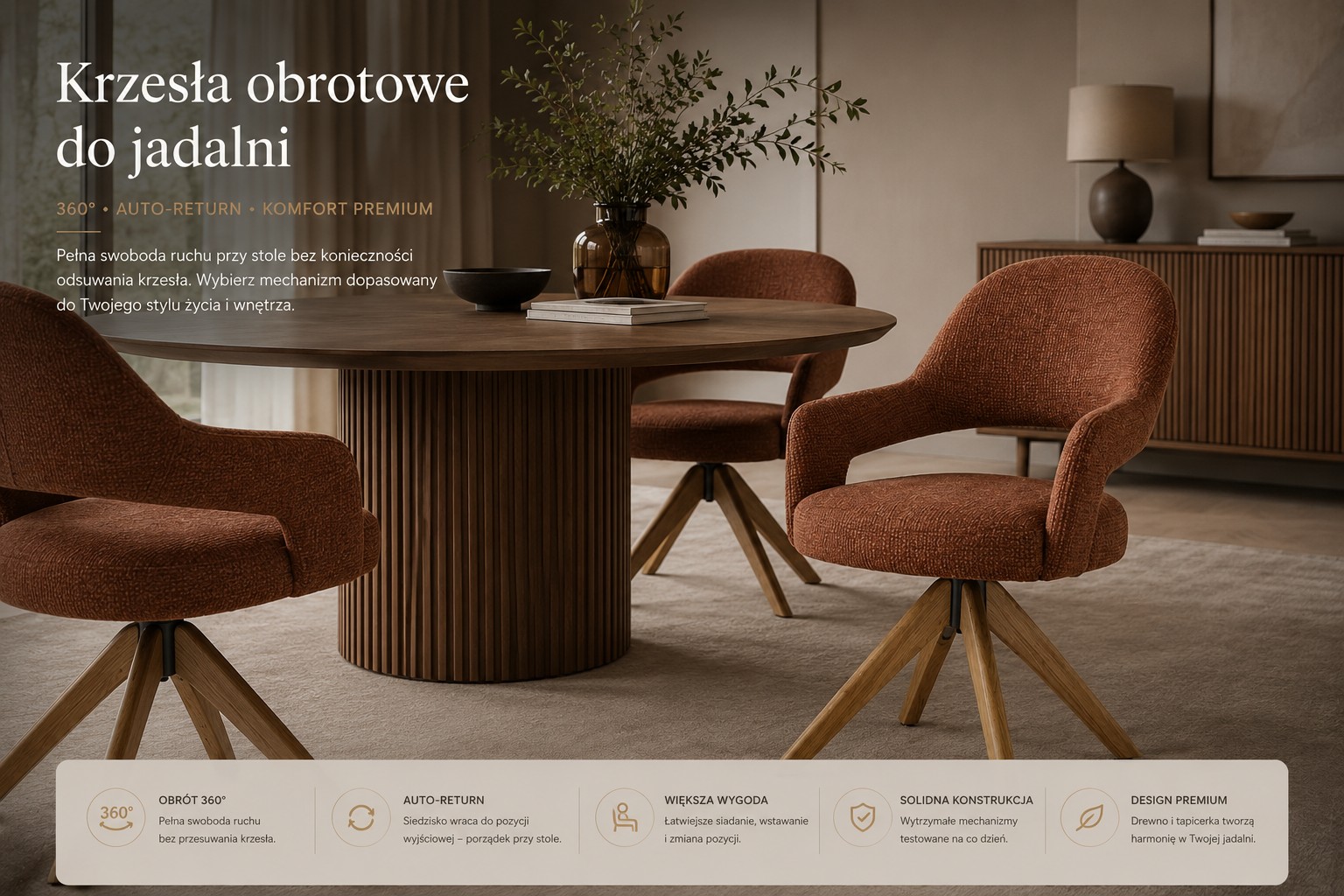 Krzesło obrotowe 360 stopni z mechanizmem auto-return w eleganckiej jadalni