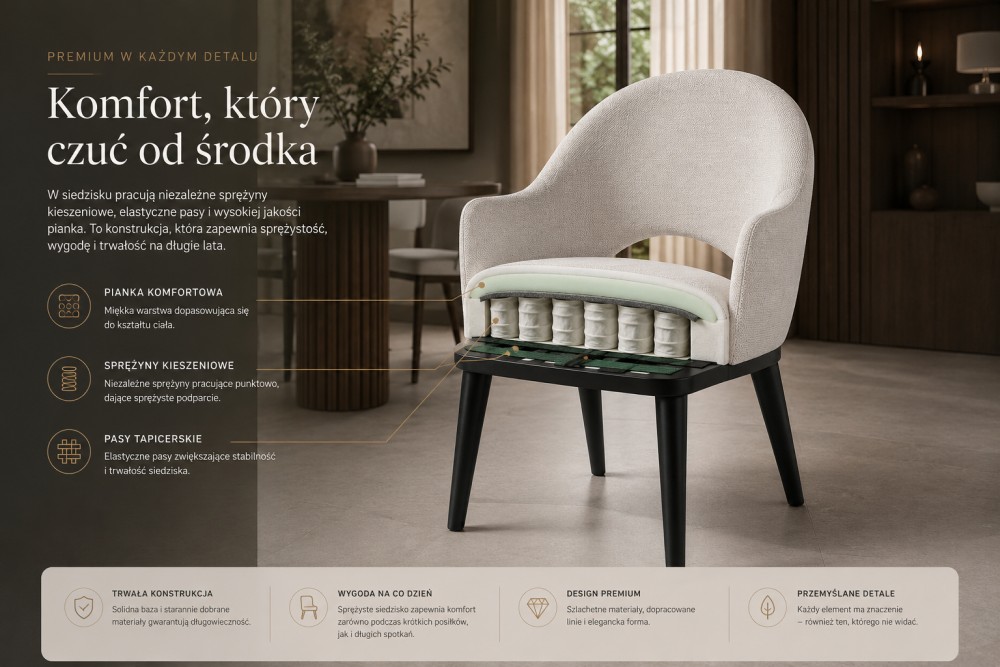 Krzesło premium ze sprężynami kieszeniowymi Pocket Spring – przekrój konstrukcji siedziska