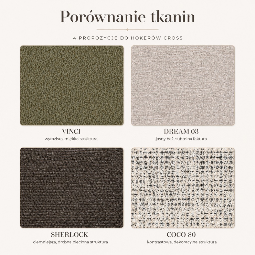 porównanie tkanin VINCI DREAM SHERLOCK i COCO do hokerów CROSS